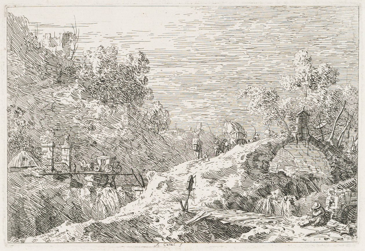Vistas: Paisaje montañoso con cinco puentes de Giovanni Antonio Canal