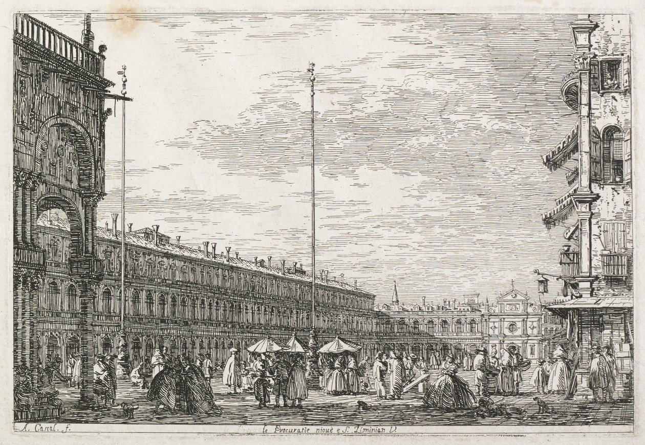 Vistas: El Palacio de los Procuradores y la Iglesia de San Geminiano, Venecia, 1735-1746 de Giovanni Antonio Canal