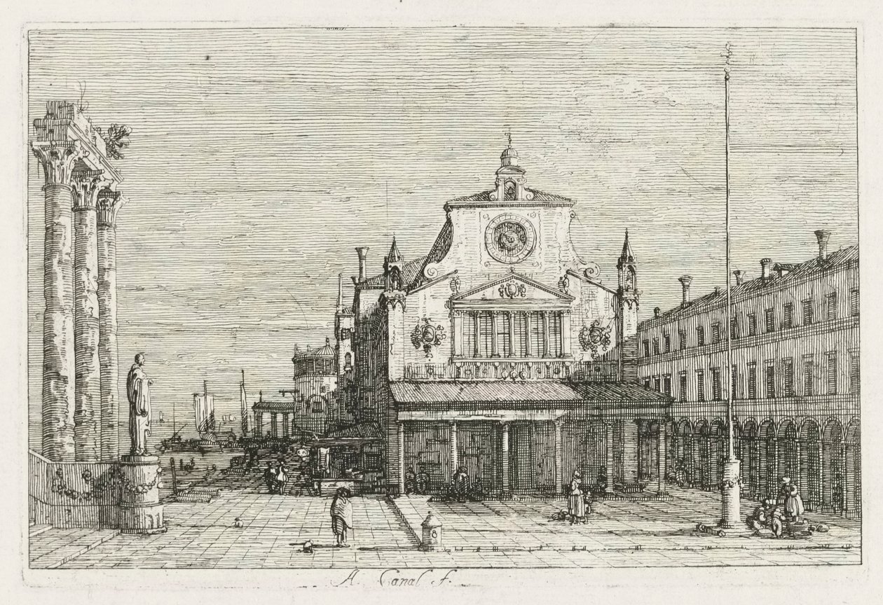 Vistas: Tres columnas y una estatua en la costa de Antonio Canaletto