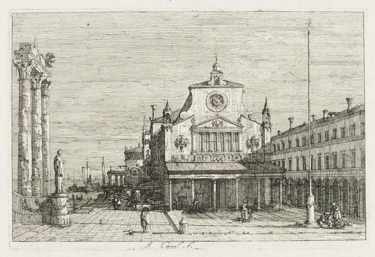Vistas: Tres columnas y una estatua en la costa del mar, 1735-1746 de Giovanni Antonio Canal
