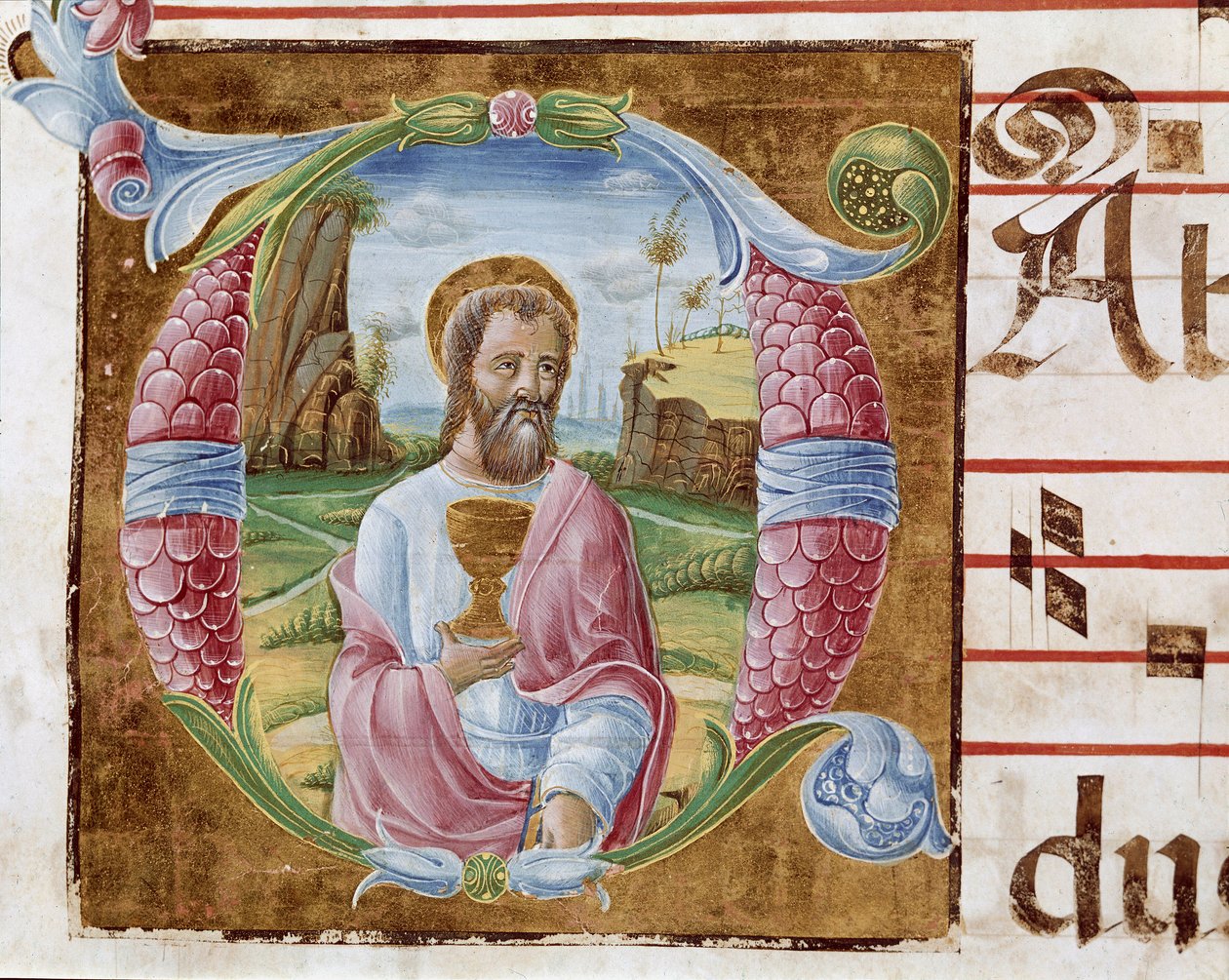 San Juan Evangelista. Letra iluminada por Antonio Cicognari. Detalle de un antifonario. 1483. Cremona, coral 4, capítulo del duomo de Antonio Cicognara