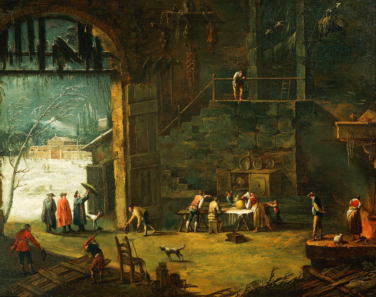 El invierno, la llegada de un noble a la villa, por Antonio Diziani (1737-1797), pintura de Antonio Diziani