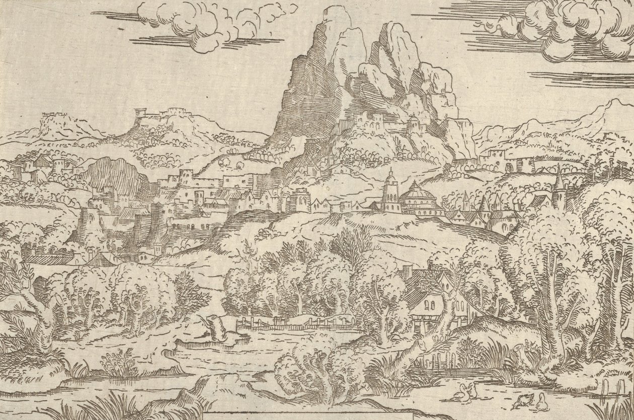 Paisaje del marco de Venus empujando a Cupido, 1540-45 de Antonio Fantuzzi