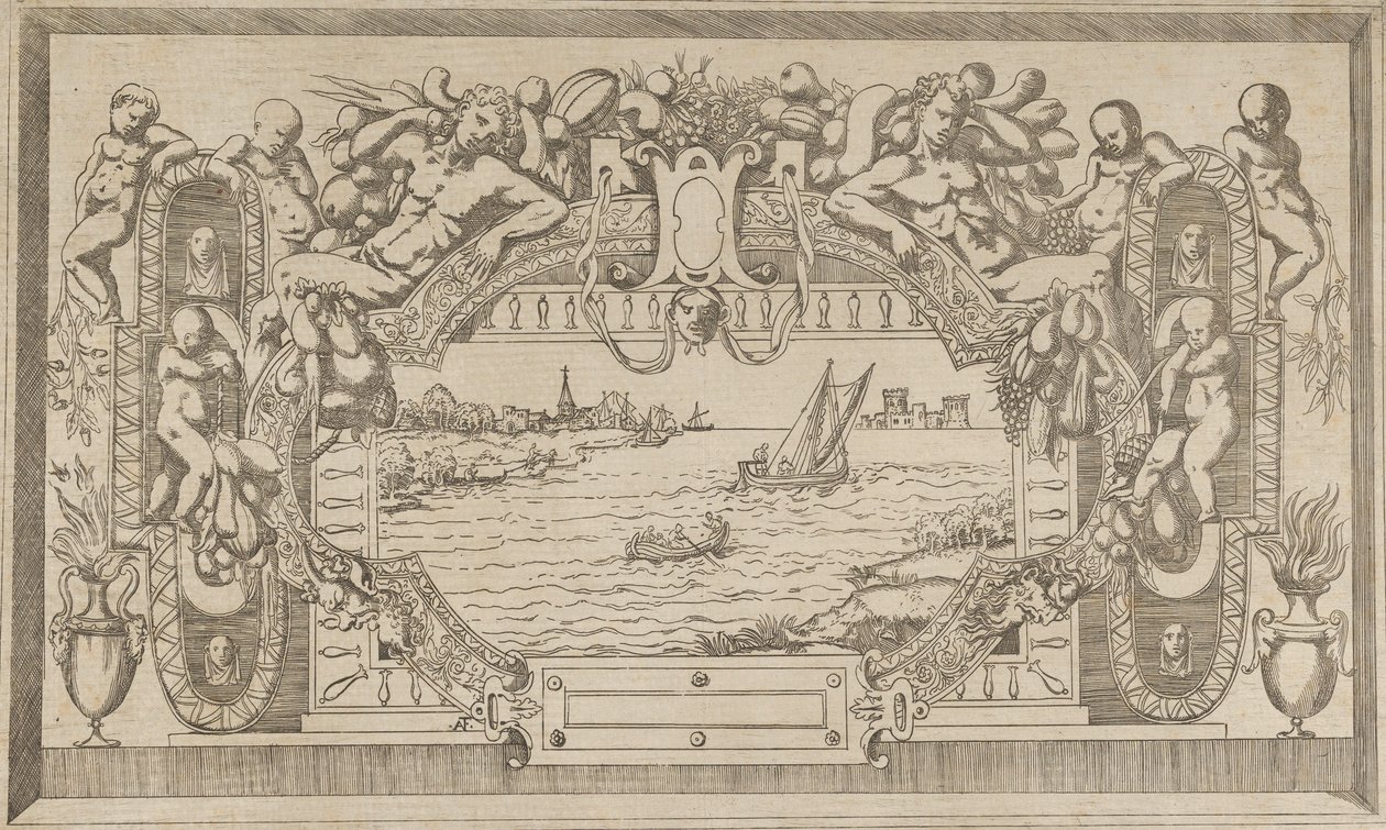 Paisaje con marco ornamental de Antonio Fantuzzi
