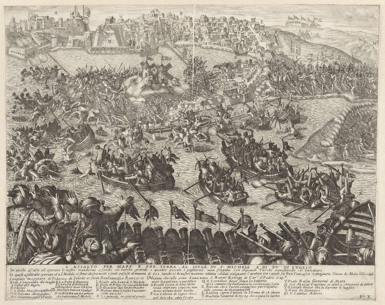 Aanval sobre zee en land op San Michele El asalto por mar y por tierra a la isla de S. Michele el 15 de julio (título sobre objeto) De belegering van Malta (título de la serie) de Antonio Francesco Lucini