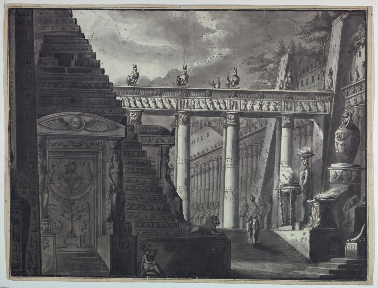 Diseño de escenario, patio de un templo egipcio de Antonio Giuseppe Basoli