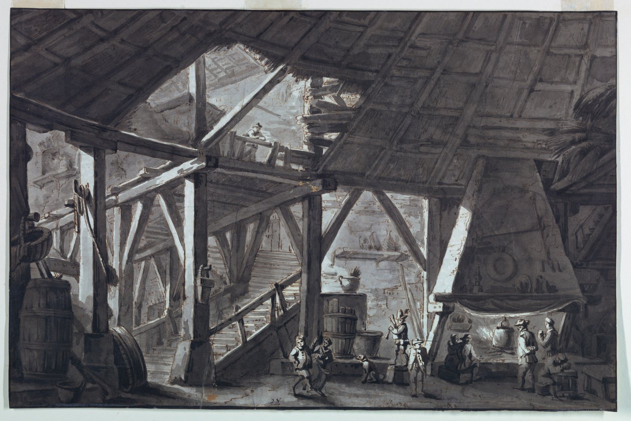 Diseño de escenario, interior de edificio de granja en ruinas de Antonio Giuseppe Basoli