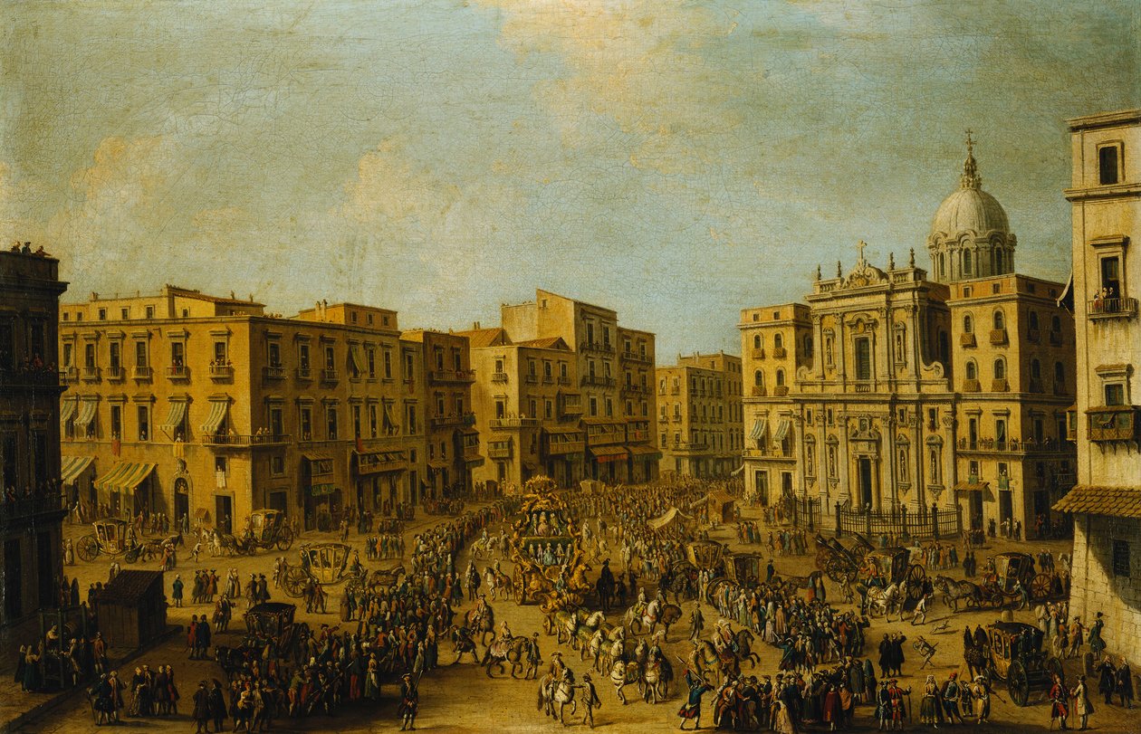 El Largo San Ferdinando, Nápoles, en tiempo de carnaval con el carruaje real acercándose al Palazzo Reale de Antonio Joli