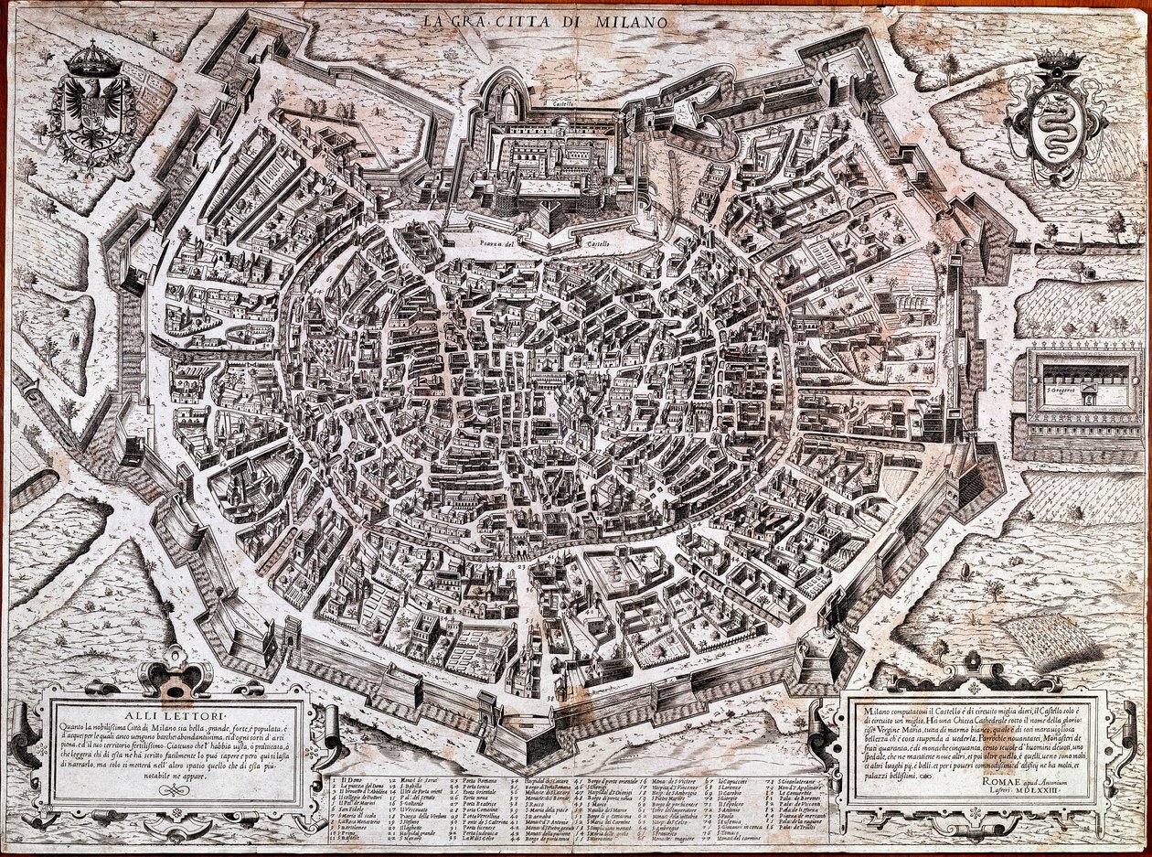 Mapa de la ciudad de Milán editado por Antonio Lafreri en 1573. Este es el mapa más antiguo de la ciudad. Milán, Museo de Milán de Antonio Lafreri