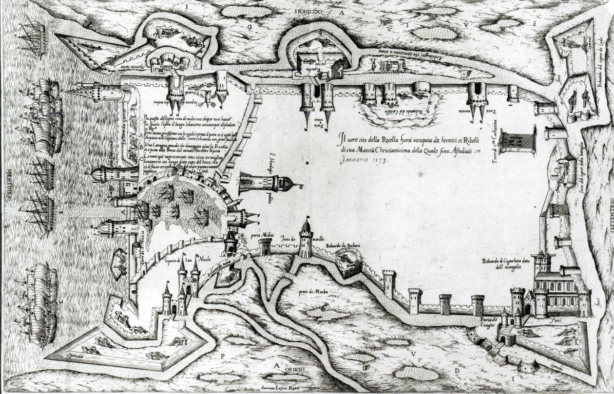 Mapa que ilustra La Rochelle ocupada por los hugonotes de Antonio Lafreri