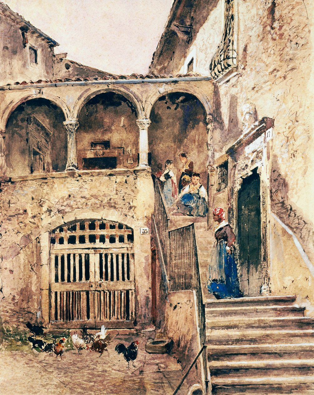 Interior de un patio de vecinos, por Antonio Mancini (1852-1930) de Antonio Mancini