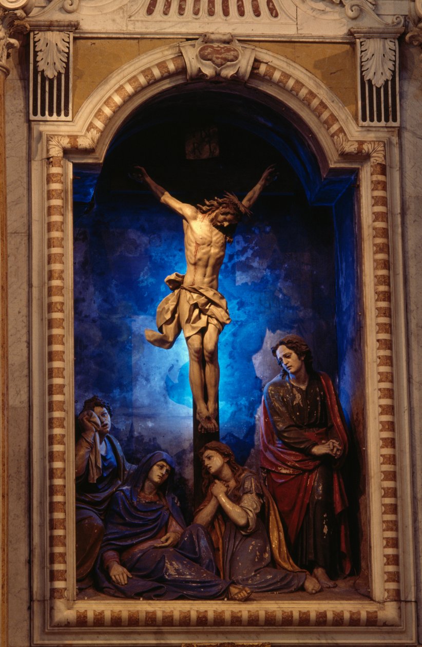 Crucifixión, por Anton Maria Maragliano (1664-1739), capilla del Crucifijo, Santuario de Nuestra Señora de Acquasanta, Acquasanta, Génova, Liguria, Italia de Antonio Maria Maragliano