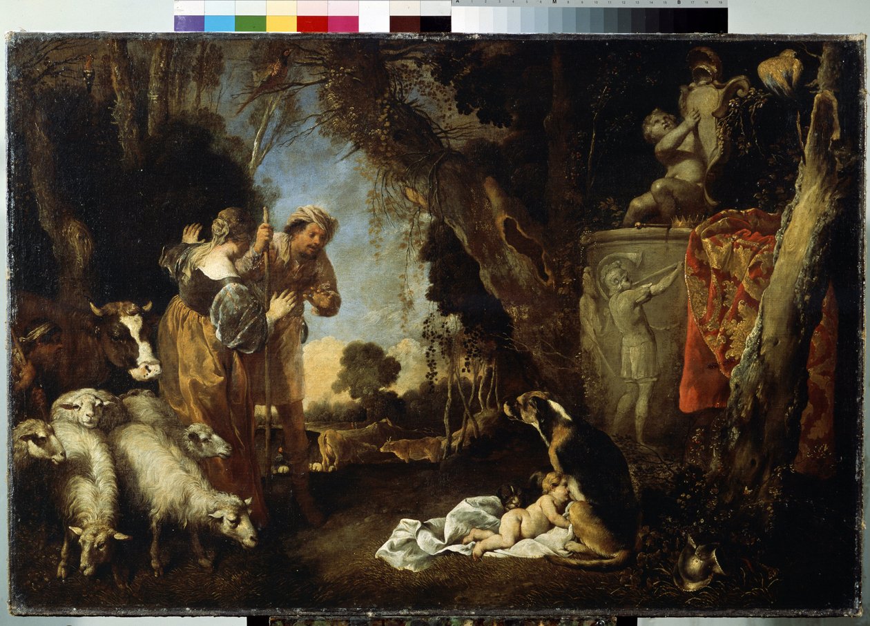 La infancia del rey Ciro. Ciro II o Ciro el Grande (ca. 559 a.C. - 529 a.C.), fundador del Imperio Persa. El bebé es acogido y amamantado por una perra. Pintura de Antonio Maria Vassallo (ca. 1620-1664/1673). H de Antonio Maria Vassallo