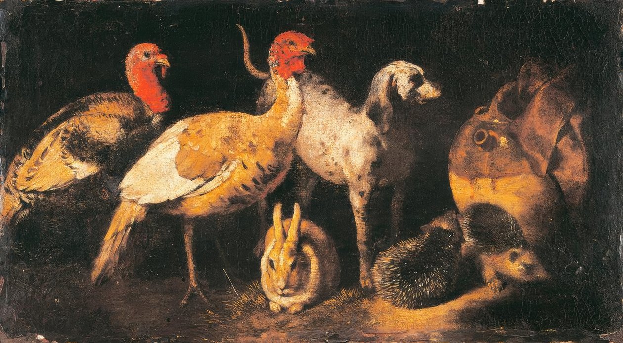 Pavos, perro, liebre y erizo de Antonio Maria Vassallo