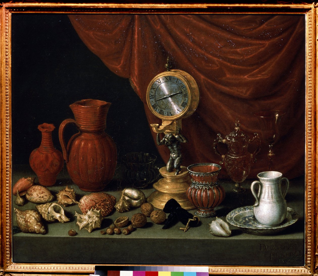"Bodegón con reloj" Péndulo, jarra, conchas, nueces, copa de cristal. Pintura de Antonio de Pereda y Salgado (1611-1678) 1652 Museo Pushkin, Moscú de Antonio Pereda y Salgado