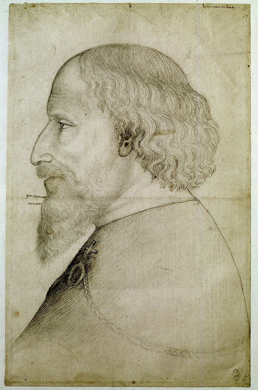 Emperador Segismundo de Luxemburgo (1368-1437), visto en busto, de perfil a la izquierda. Dibujo de Antonio di Puccio Pisano dit Pisanello (antes de 1395-1455). Piedra negra de Antonio Pisanello