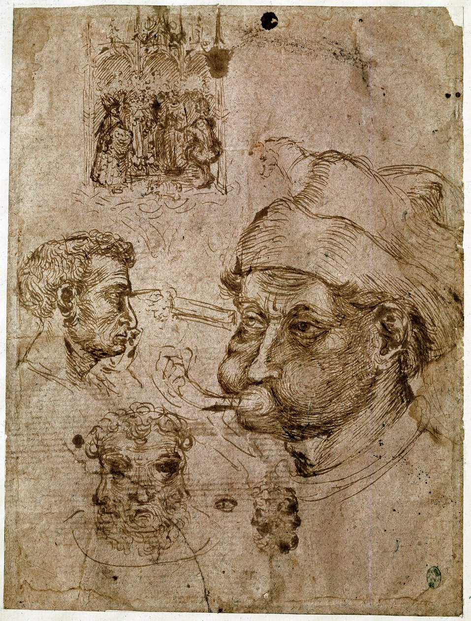 Cuatro cabezas de hombres, dos de las cuales tienen tres caras. Un retablo. Un caballo. Dibujos del taller de Antonio di Puccio Pisano dit Pisanello (1395-1455). Tinta marrón, pluma (dibujo), sangre. Louvre, Cabinet des medailles de Antonio Pisanello