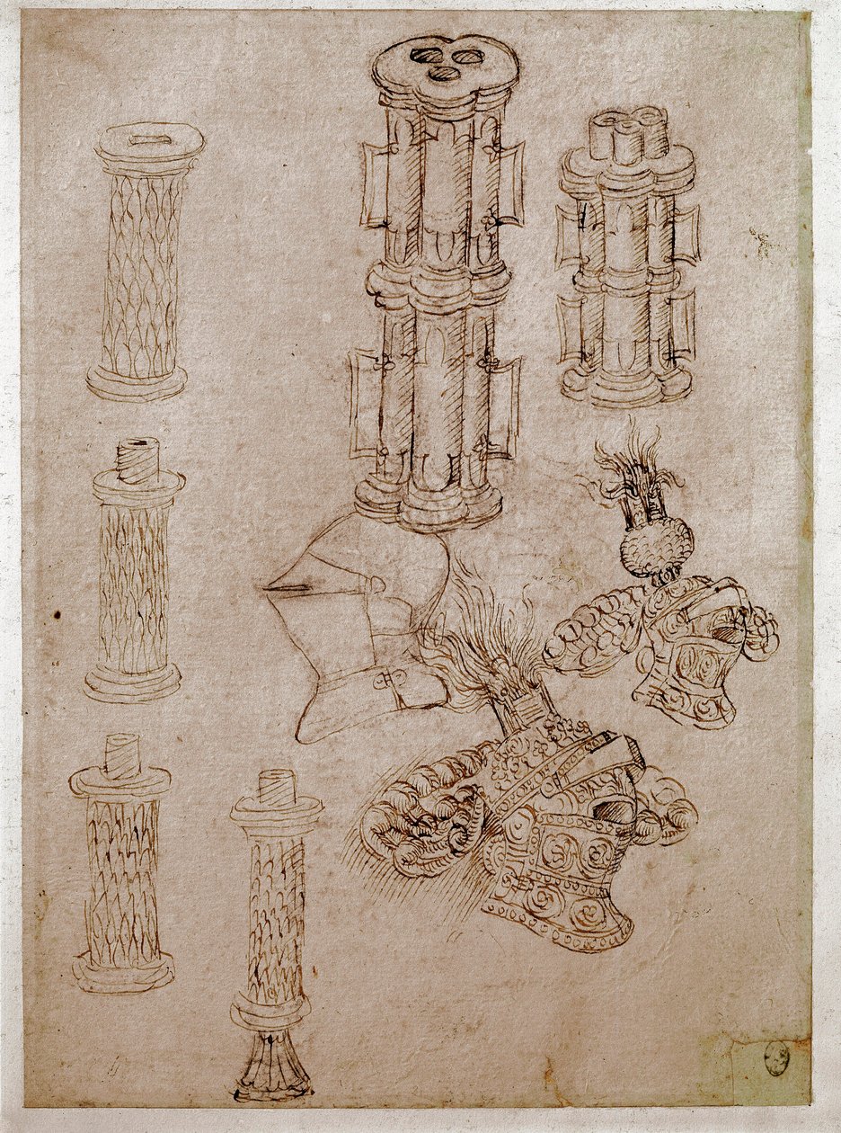 Tres cascos coronados con crestas y dos piezas de armas desmanteladas (Dibujo de Antonio di Puccio Pisano dit Pisanello) de Antonio Pisanello