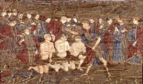 El bautismo de los neófitos, tapiz que representa escenas de la vida de San Juan Bautista de Antonio Pollaiuolo