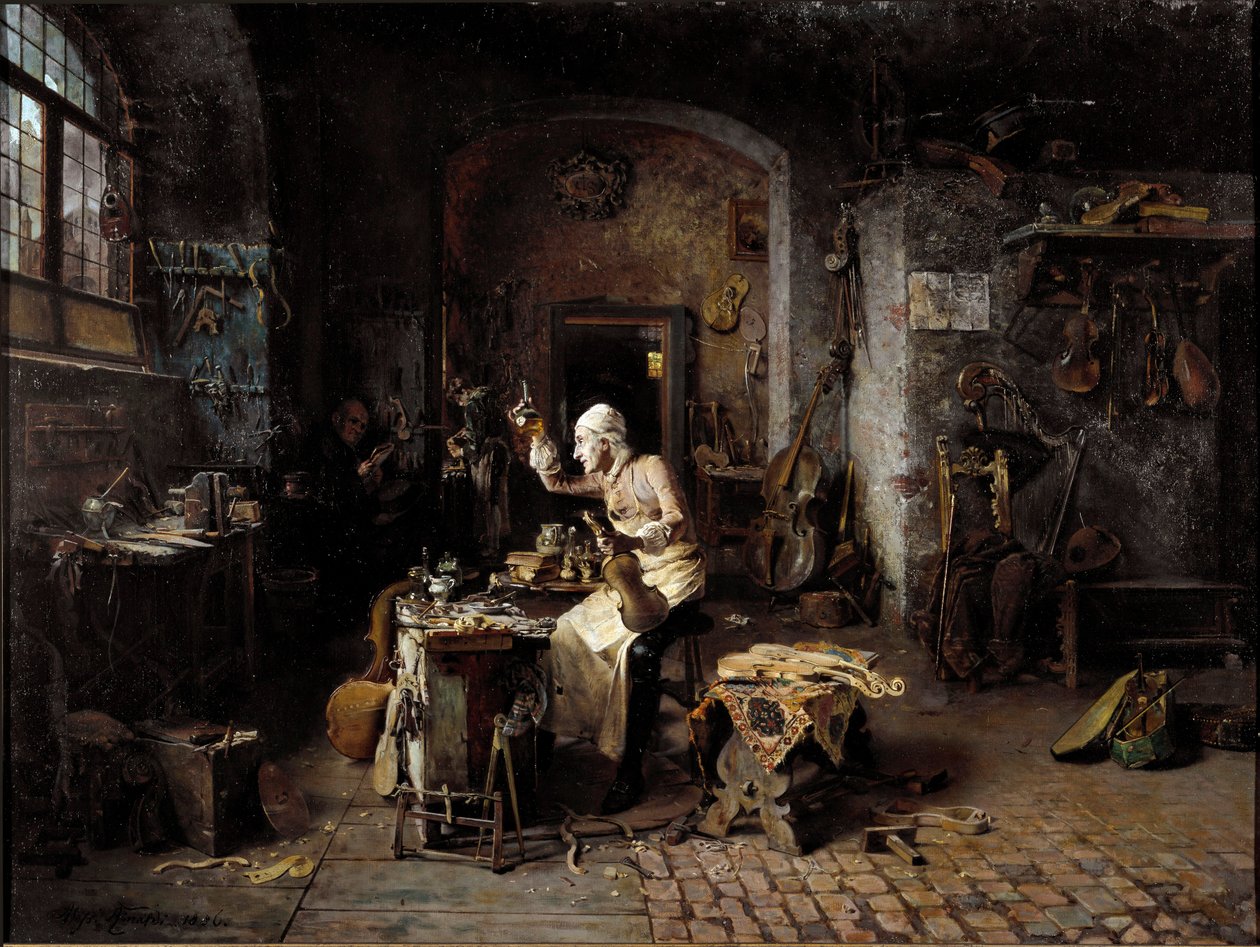 El lutier italiano Antonio Stradivari (Stradivarius) en su taller de Antonio Rinaldi