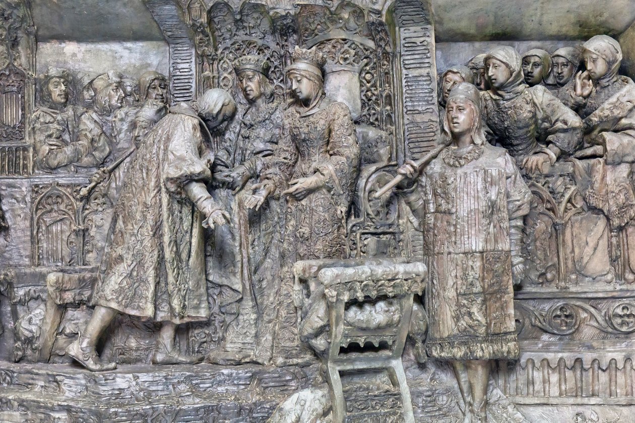 Colón y los Reyes Católicos, detalle de la Presentación de Colón a los Reyes Católicos en el Salón del Tinell en Barcelona (bronce) de Antonio Susillo Fernandez