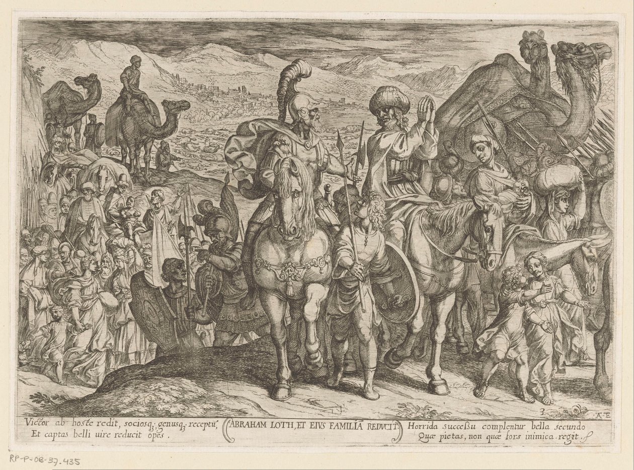 Abraham lleva a Lot y su familia a su propia tierra Abraham Loth, et familia reducit (título sobre objeto) Escenas de batalla del Antiguo Testamento (título de la serie) de Antonio Tempesta