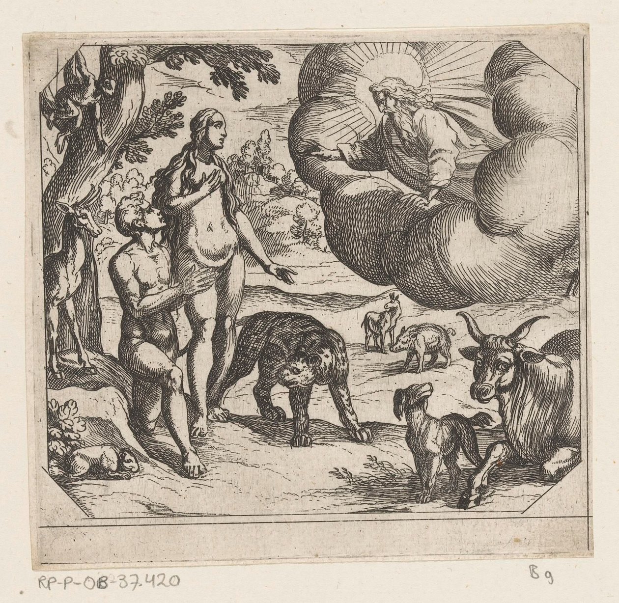 Adán y Eva colocados en el paraíso Creación (título de la serie) de Antonio Tempesta