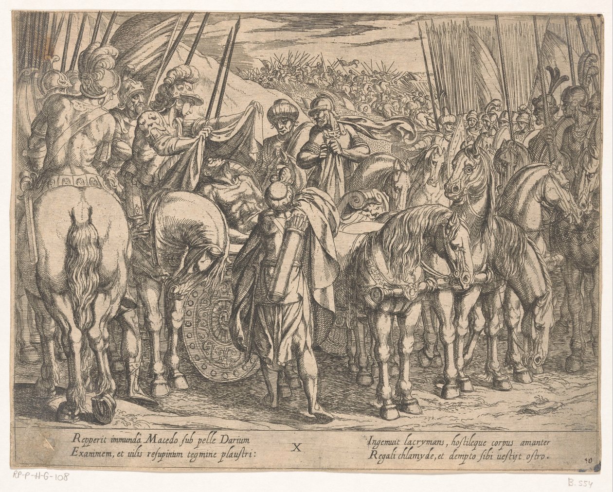 Alejandro Magno encuentra el cuerpo de Darío Las hazañas de Alejandro Magno (título de la serie) Alexandri magni praecipvae res gestae (título de la serie) de Antonio Tempesta