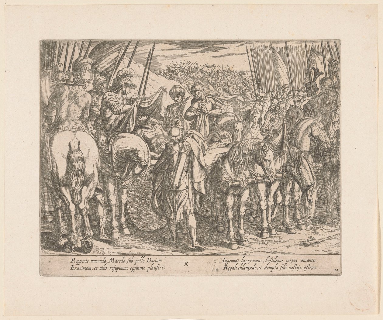 Alejandro Magno encuentra el cuerpo de Darío Las hazañas de Alejandro Magno (título de la serie) Alexandri magni praecipvae res gestae (título de la serie) de Antonio Tempesta