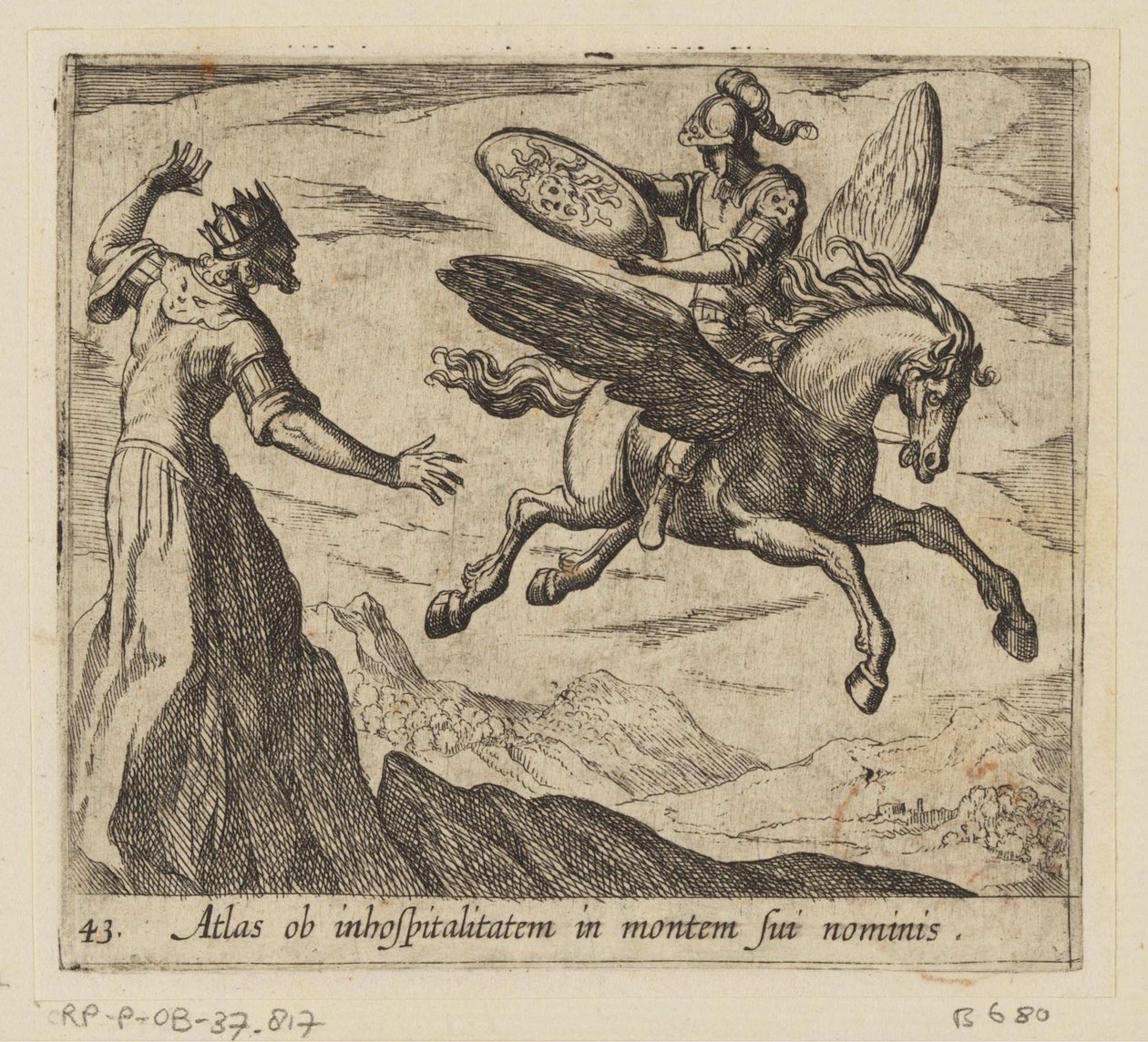 Atlas convertido en montaña Atlas por falta de hospitalidad en la montaña de su nombre (título sobre objeto) Metamorphoseon o transformaciones (título de la serie) Metamorfosen van Ovidius (título de la serie) de Antonio Tempesta