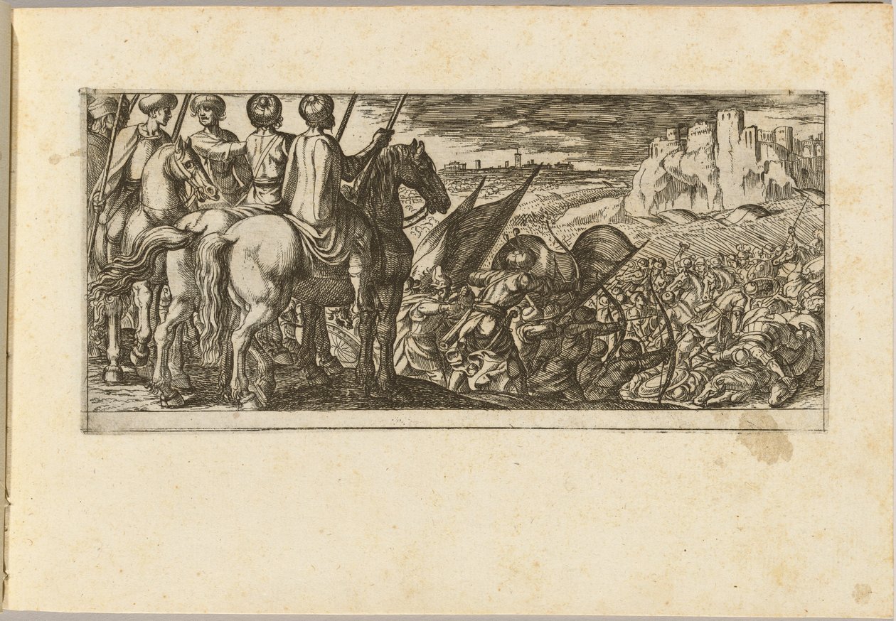 Escena de batalla con caballería observando desde una colina de Antonio Tempesta