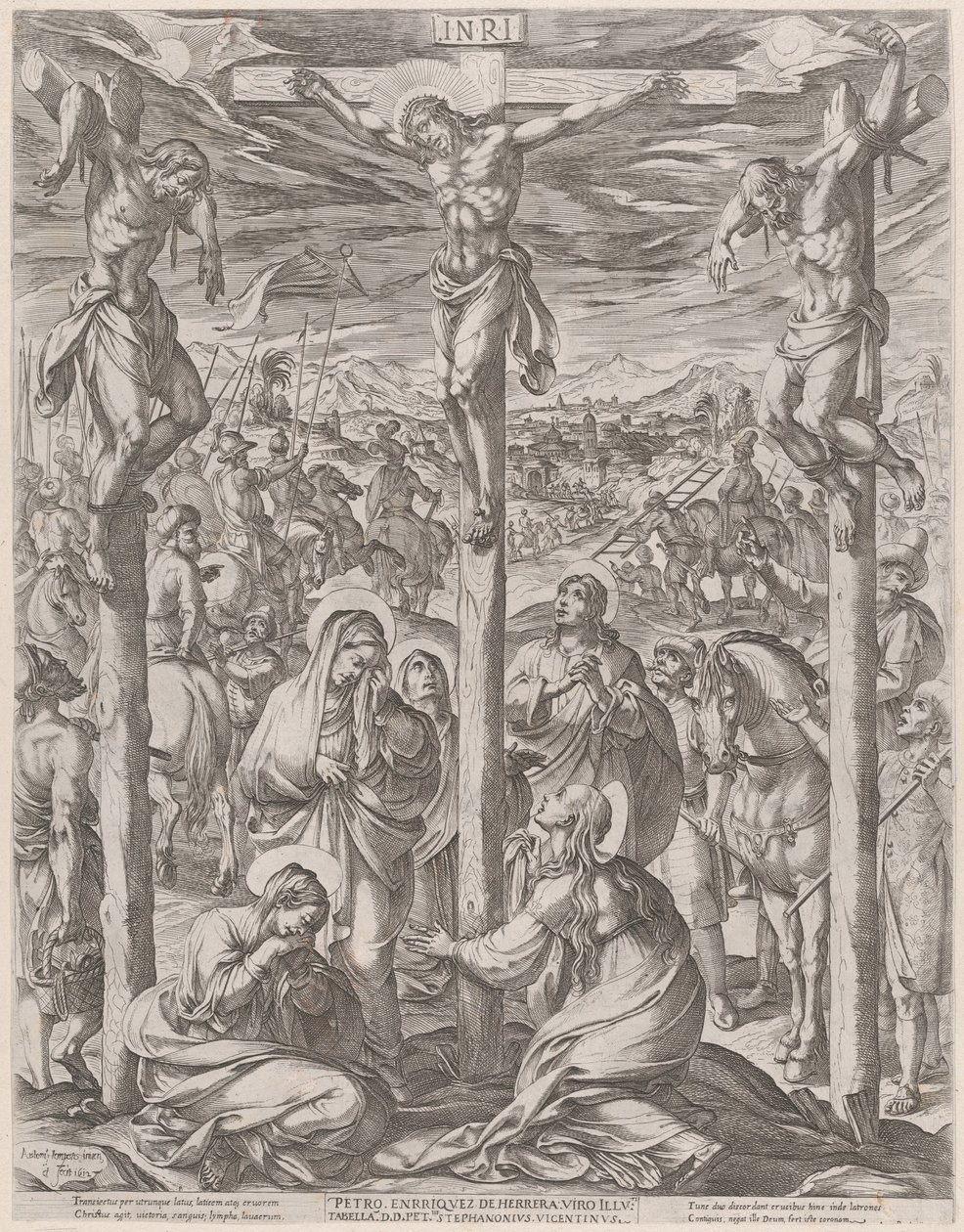 Cristo crucificado entre los dos ladrones, las tres Marías al pie de la cruz de Antonio Tempesta