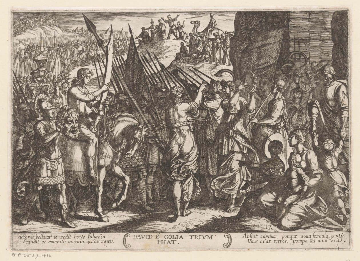 David regresa triunfante con la cabeza de Goliat David e Golia triunfo (título sobre objeto) Escenas de batalla del Antiguo Testamento (título de la serie) de Antonio Tempesta