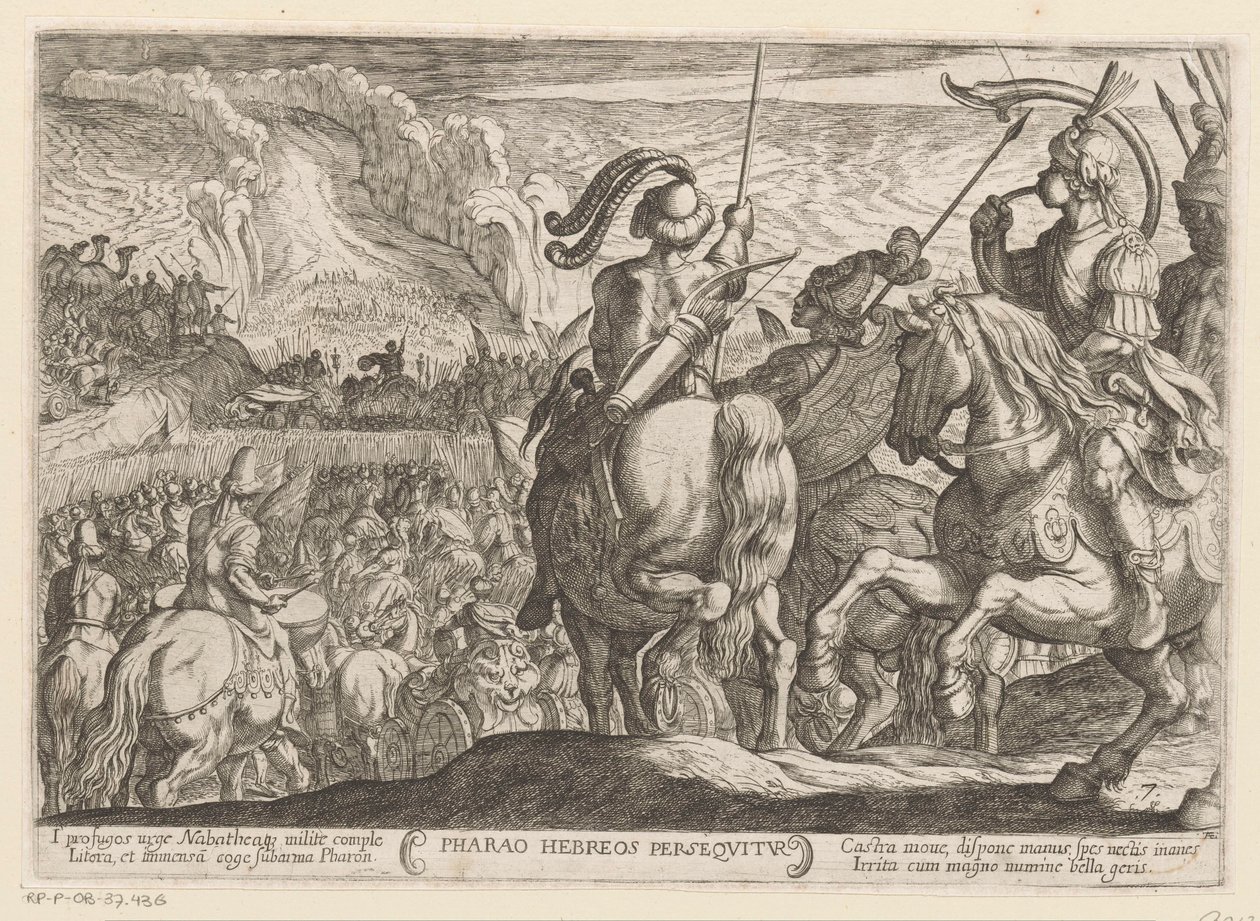 Los egipcios persiguen a los israelitas por el Mar Rojo Faraón Hebreos persequitur (título sobre objeto) Escenas de batalla del Antiguo Testamento (título de la serie) de Antonio Tempesta