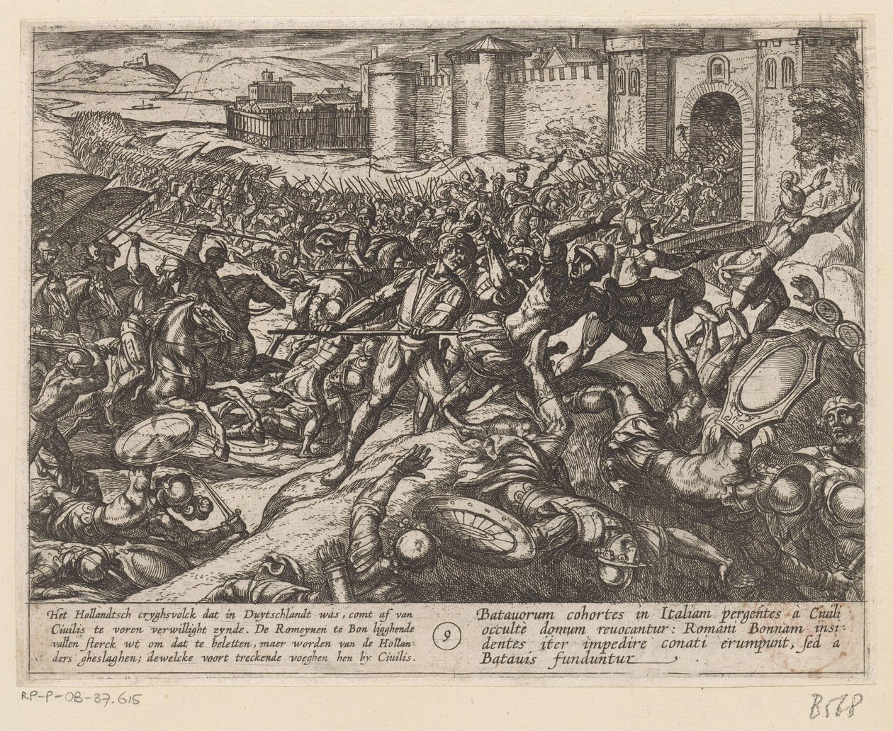 Los romanos son derrotados por las tropas holandesas en Bonn. Las guerras de Batavia contra los romanos (título de la serie) Batavorum cum Romanis Bellum (título de la serie) de Antonio Tempesta