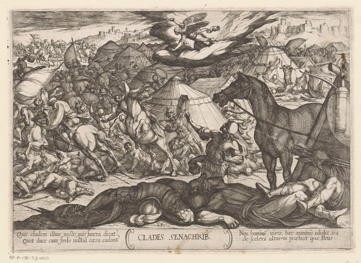 El ángel de la muerte vence al ejército de Senaquerib Clades Senachrib (título sobre el objeto) Escenas de batalla del Antiguo Testamento (título de la serie) de Antonio Tempesta