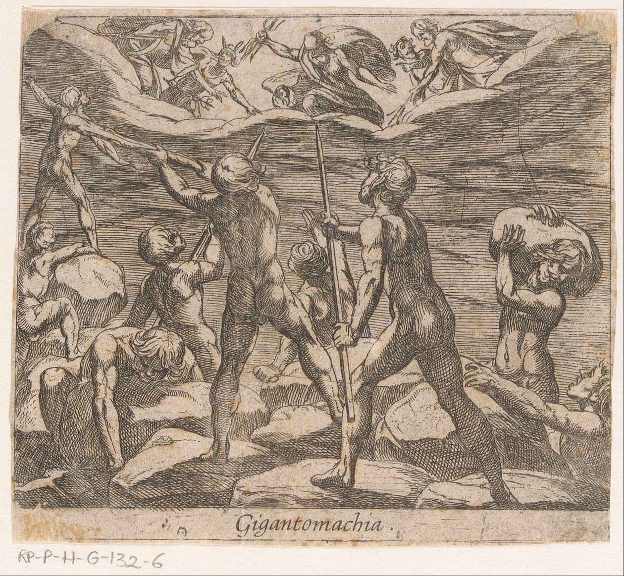 Los gigantes están tratando de atacar el Olimpo. Gigantomachia (título sobre objeto) Metamorphoseon sive transformum (título de la serie) Metamorfosis de Ovidio (título de la serie) de Antonio Tempesta