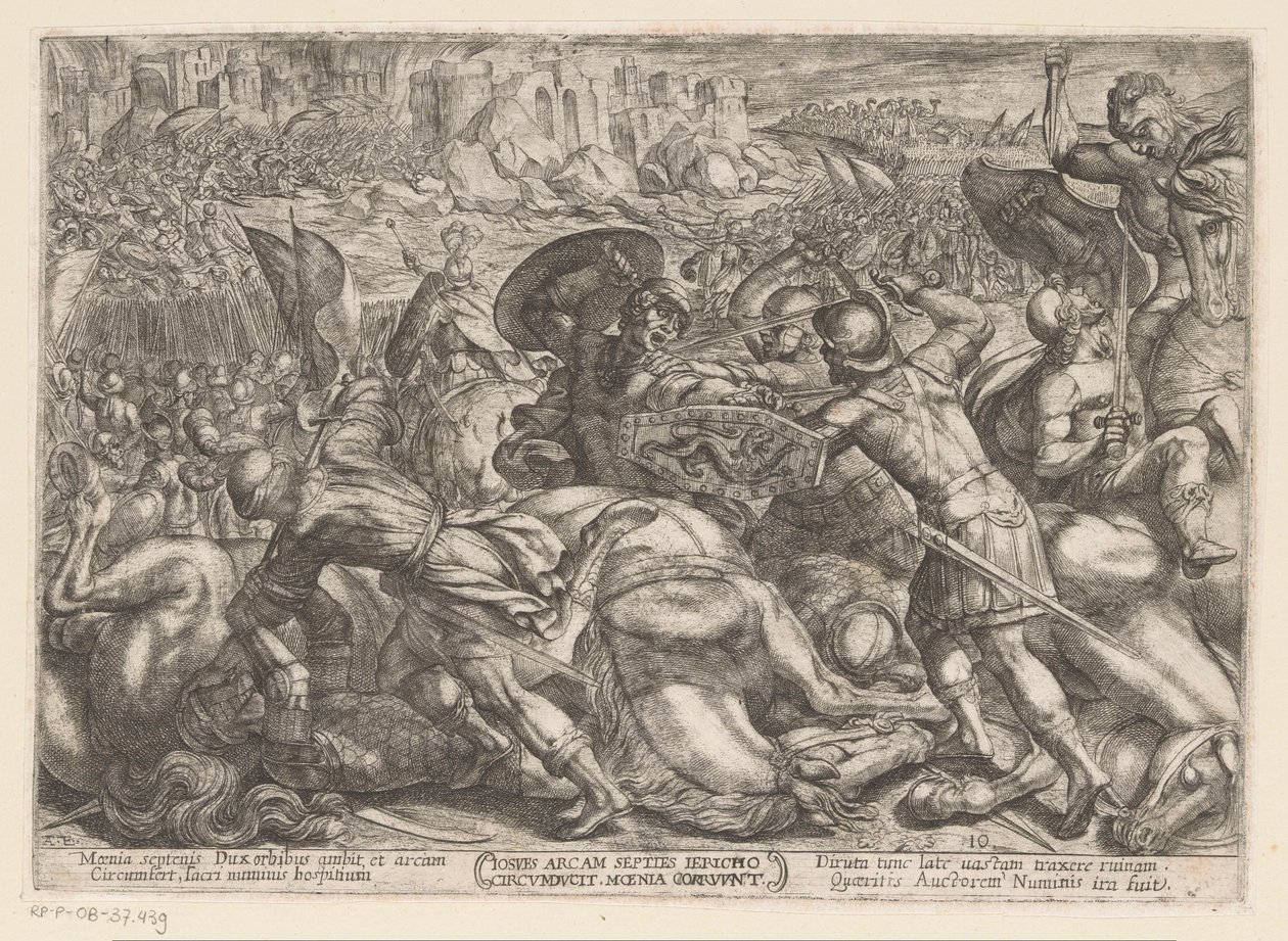 La caída de Jericó Iosues ercam septies Iericho circunducit moenia corruunt (título sobre objeto) Escenas de batalla del Antiguo Testamento (título de la serie) de Antonio Tempesta