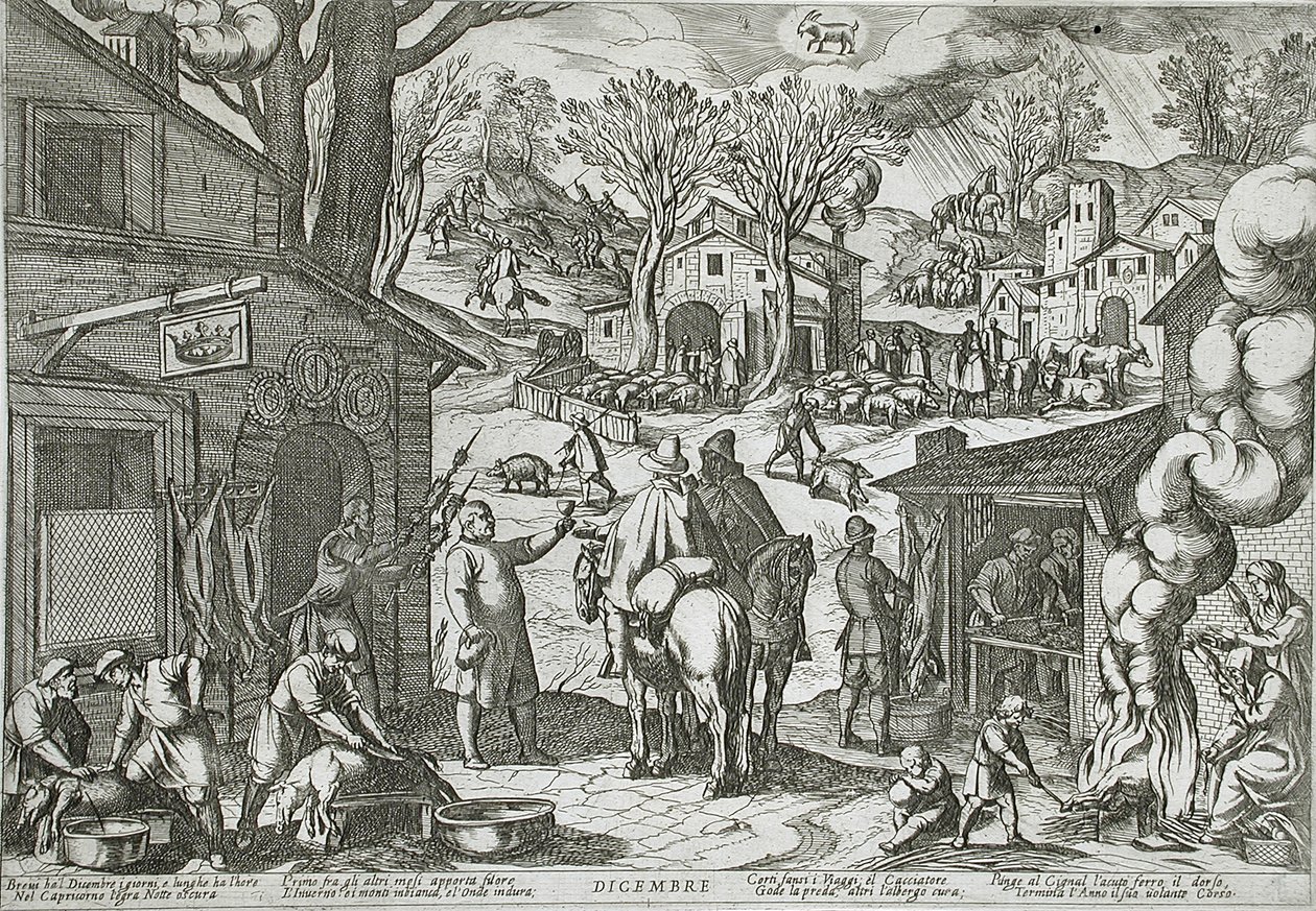 Diciembre: Escena de pueblo con posada de Antonio Tempesta