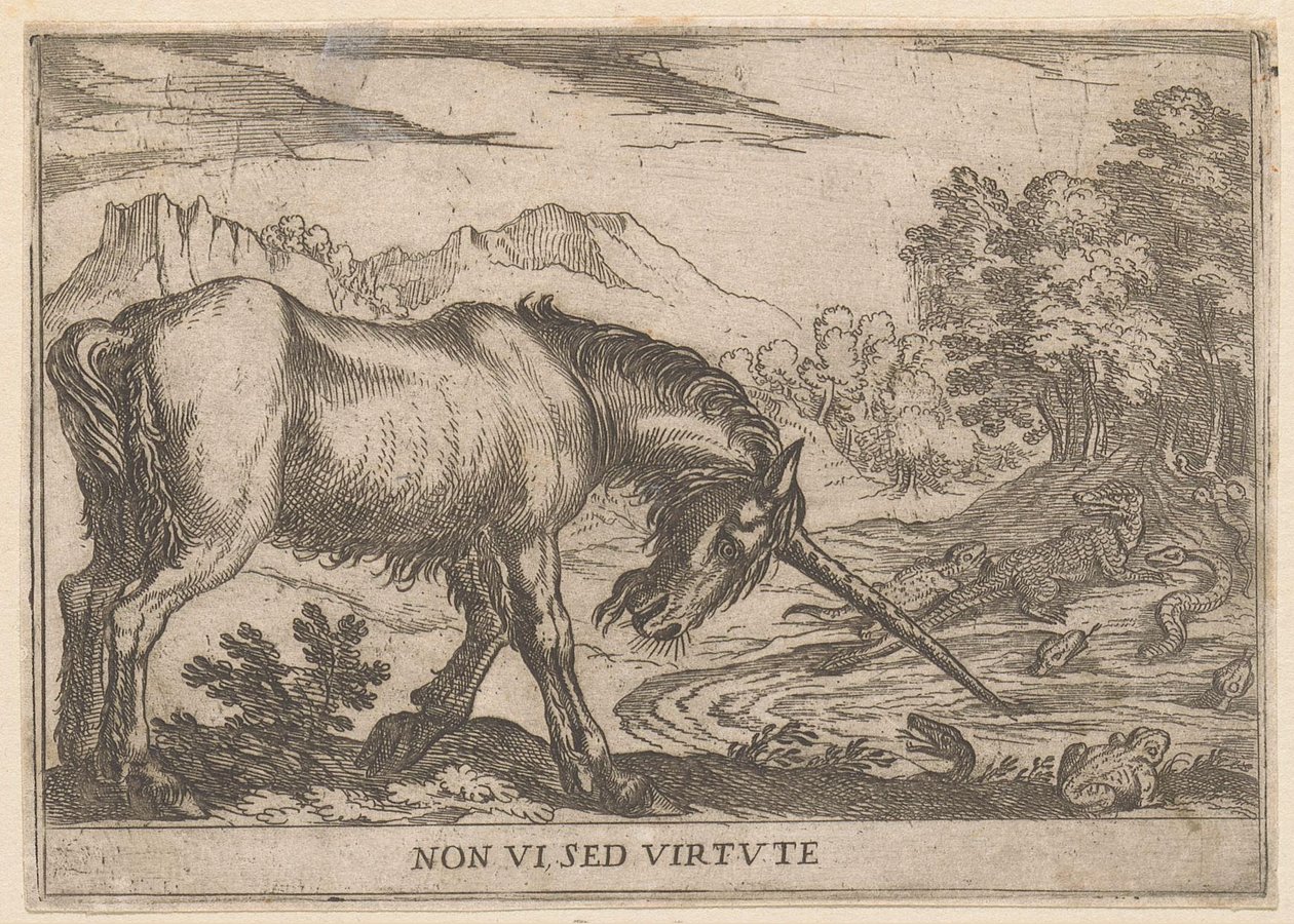 Un unicornio persigue a las lagartijas fuera de un estanque Virtud no vista (título sobre objeto) Animales de pelea (título de la serie) de Antonio Tempesta