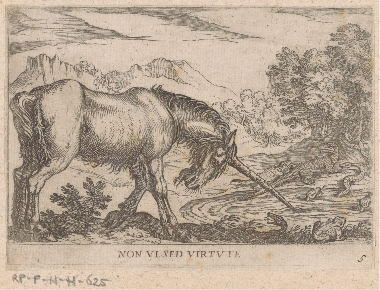 Un unicornio persigue a las lagartijas fuera de un estanque Virtud no vista (título sobre objeto) Animales de pelea (título de la serie) de Antonio Tempesta