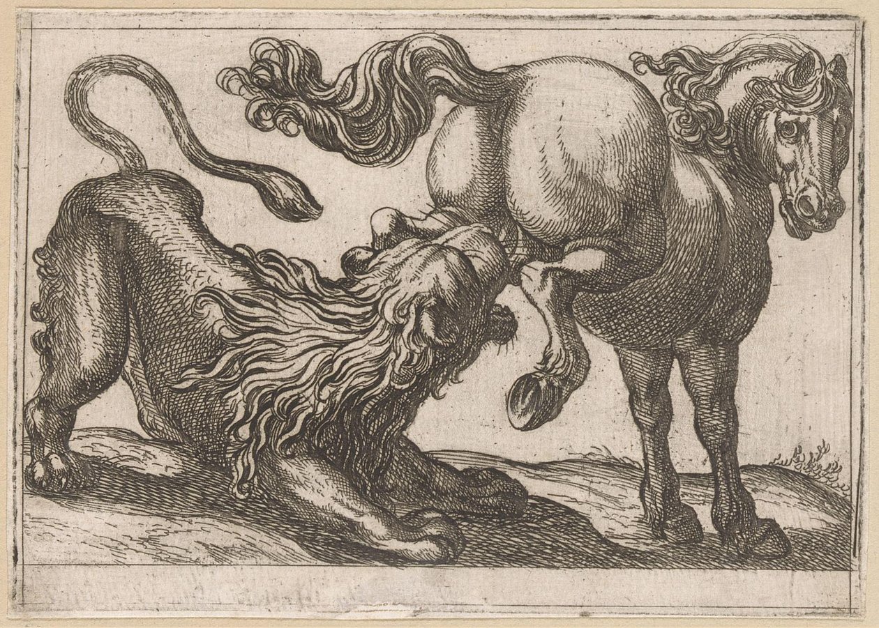 Un caballo pateando a un león Animales de pelea (título de la serie) de Antonio Tempesta