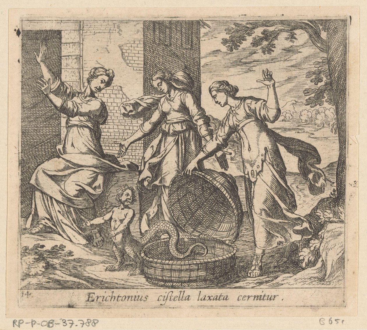 Erichthonius uit zijn mand gelaten Se ve a Erichthonius con una canasta suelta (título sobre el objeto) Metamorphoseon o transformaciones (título de la serie) Metamorfosen van Ovidius (título de la serie) de Antonio Tempesta
