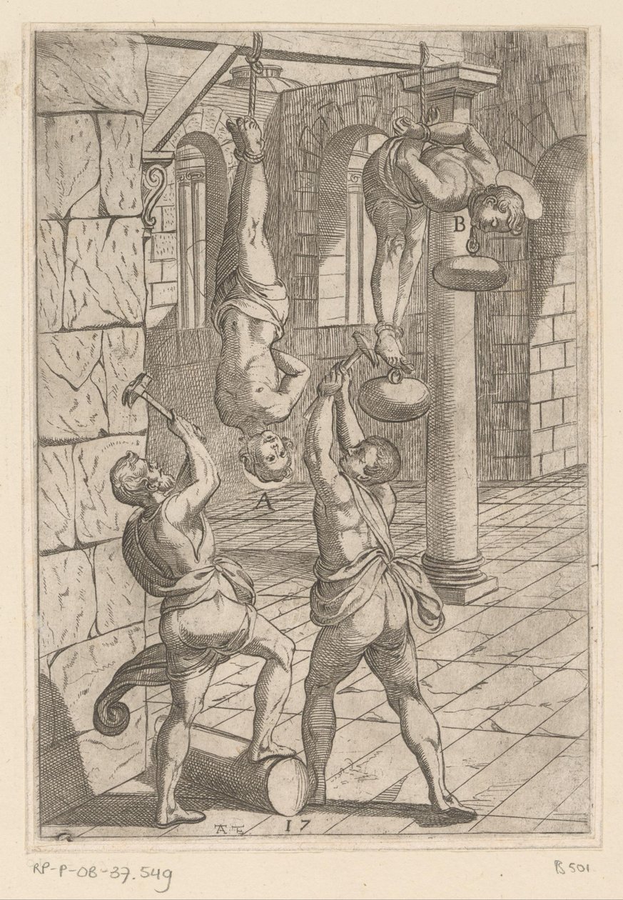 Tortura con martillos mientras se cuelga Torturas sufridas por los mártires cristianos (título de la serie) Varia tormentorum et supplicioru rawlium (...) (título de la serie) de Antonio Tempesta