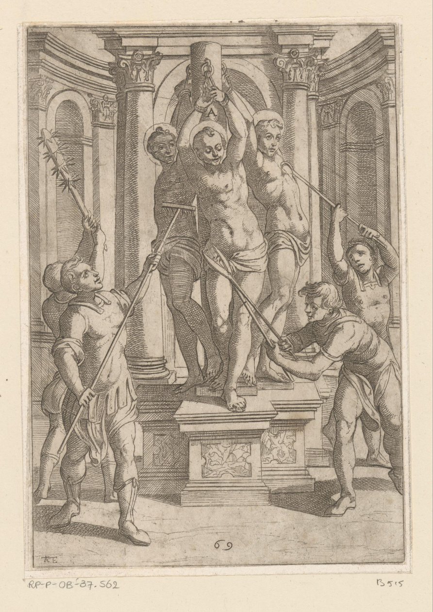 Tortura con palos de punta afilada Torturas sufridas por los mártires cristianos (título de la serie) Varia tormentorum et supplicioru rawlium (...) (título de la serie) de Antonio Tempesta
