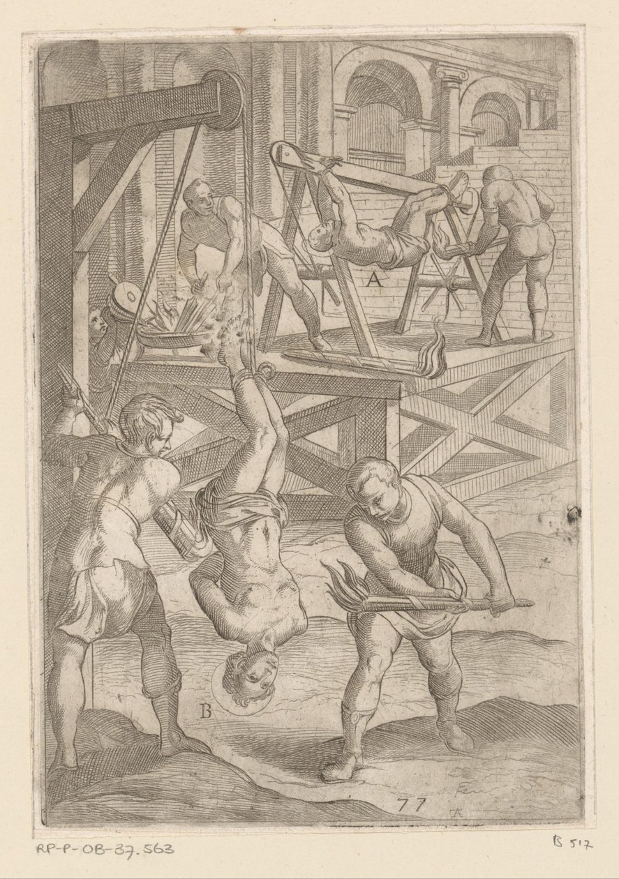 Tortura: colgar y quemar Torturas sufridas por los mártires cristianos (título de la serie) Varia tormentorum et supplicioru rawlium (...) (título de la serie) de Antonio Tempesta