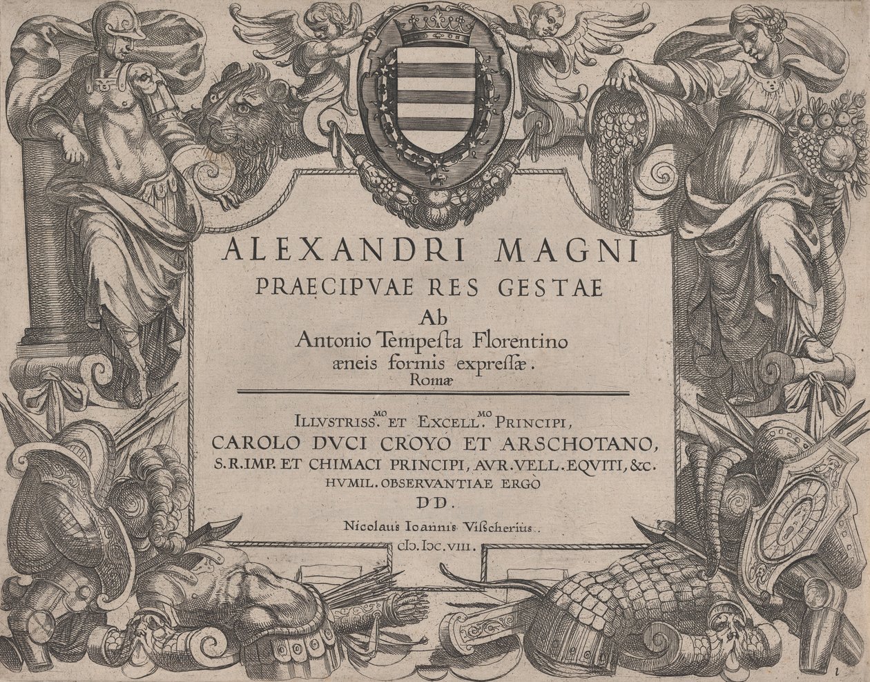 Frontispicio a la vida de Alejandro Magno, a la izquierda está Bellona y a la derecha una mujer..., 1608 de Antonio Tempesta
