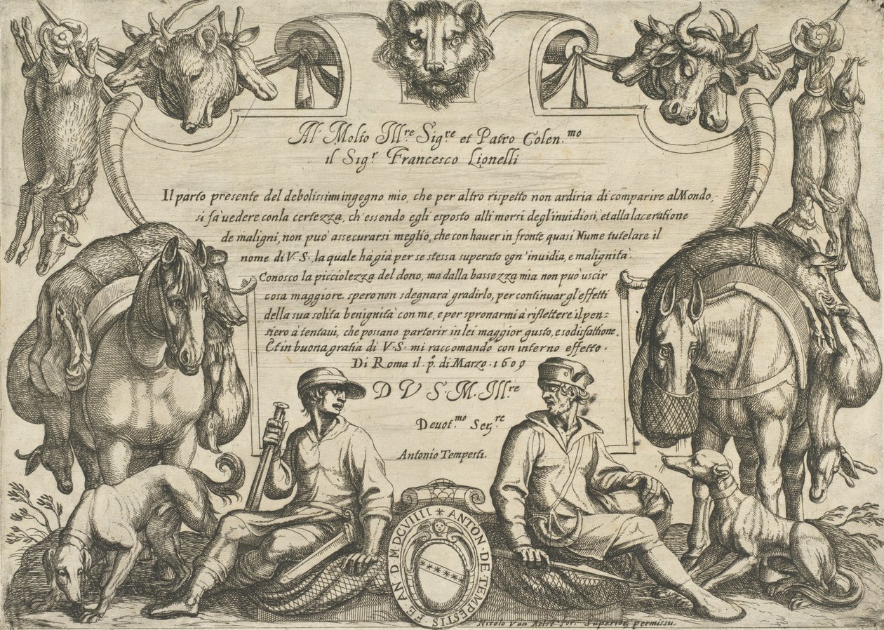 Frontispicio con Cazadores, Perros y Caballos, de 