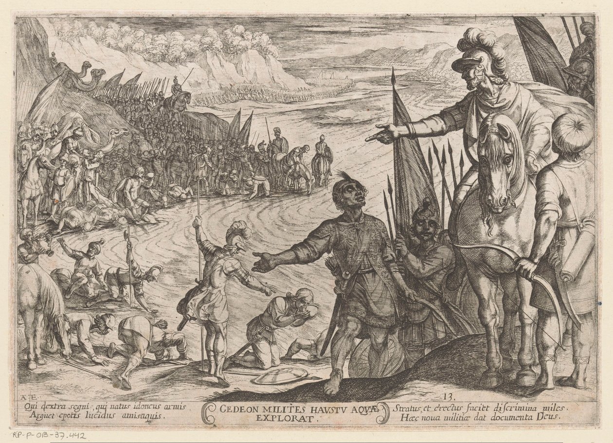Gedeón elige a sus soldados Gedeon milites haustu aquae explorat (título sobre el objeto) Escenas de batalla del Antiguo Testamento (título de la serie) de Antonio Tempesta