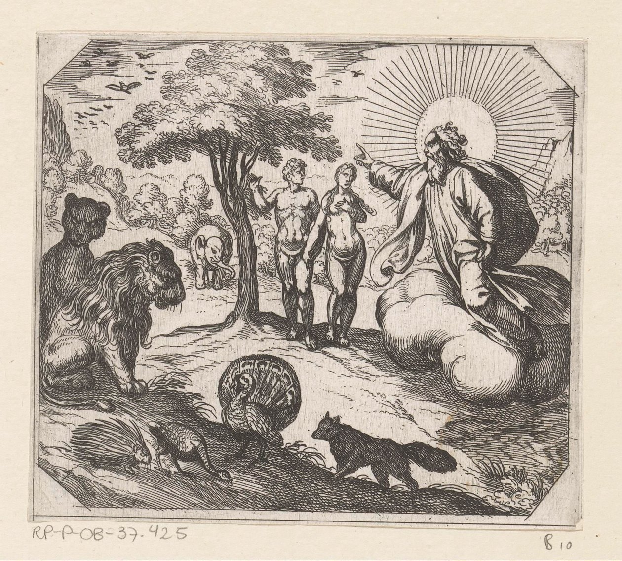 Dios prohíbe a Adán y Eva comer del árbol del conocimiento Creación (título de la serie) de Antonio Tempesta
